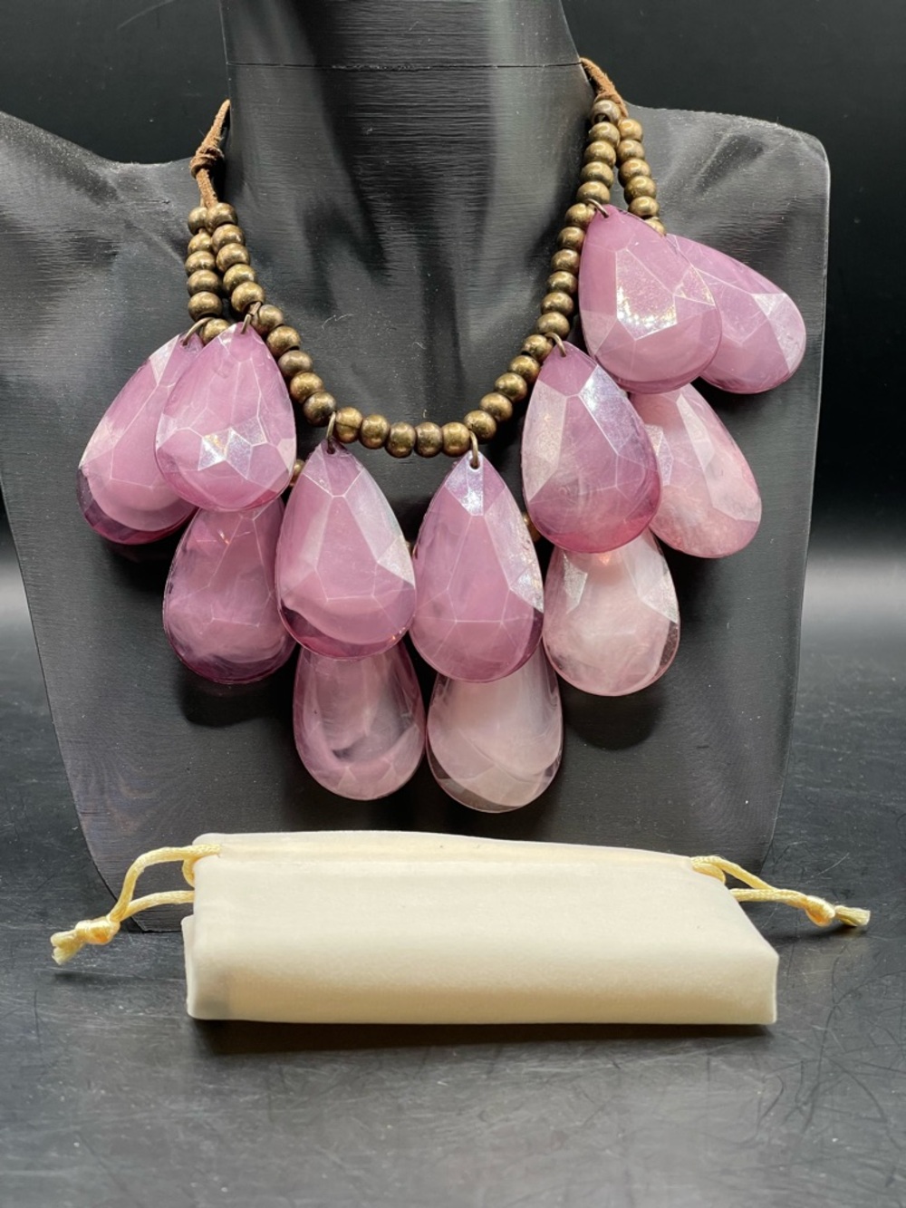 Vintage Handmade Double Strand Lavender Teardrop & Brass Beads & Dust Bag NWOT
